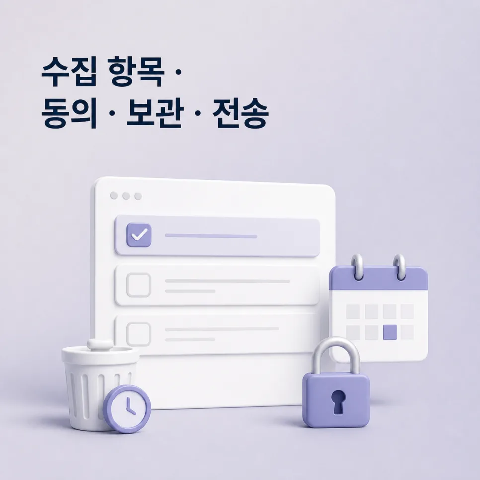 개인정보의 수집 항목, 동의, 보관과 전송을 확인하는 그림