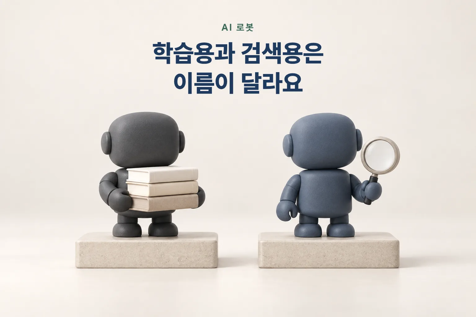 학습용 로봇은 책을, 검색용 로봇은 돋보기를 든 두 로봇 모형 — AI 회사는 용도별로 로봇 이름을 나눠 보낸다