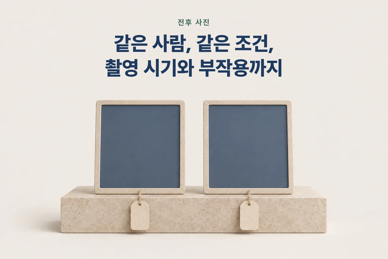같은 크기의 빈 판 두 개에 꼬리표가 달린 그림 — 같은 사람, 같은 조건, 촬영 시기와 부작용 안내