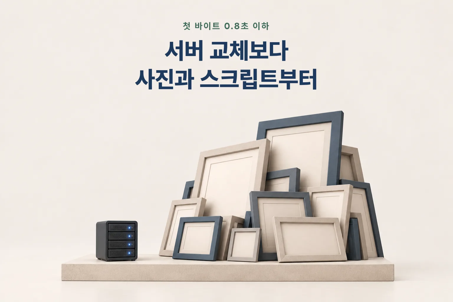 작은 서버 옆에 액자가 잔뜩 쌓인 그림 — 첫 바이트가 빠르면 서버 교체보다 사진과 스크립트부터 본다